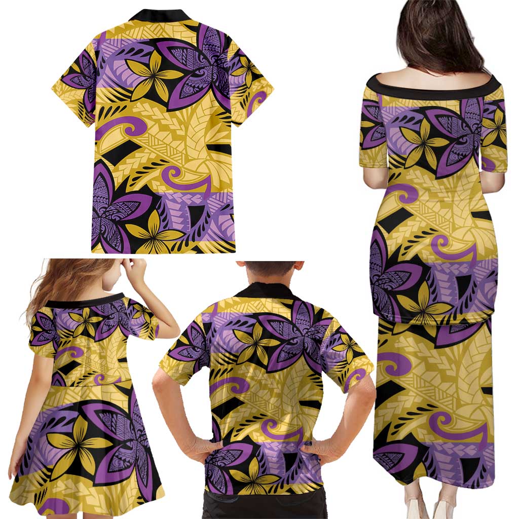 Plumeria Polynesian Pattern Family Matching Puletasi and Hawaiian Shirt Unique Fantasy Yellow Purple
