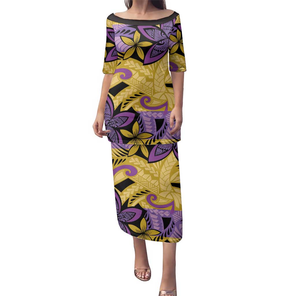 Plumeria Polynesian Pattern Family Matching Puletasi and Hawaiian Shirt Unique Fantasy Yellow Purple