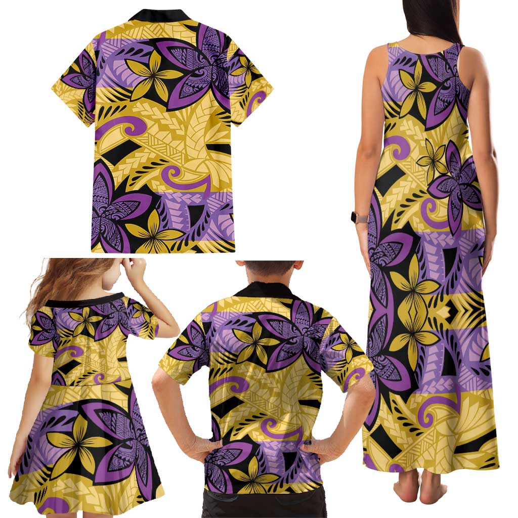 Plumeria Polynesian Pattern Family Matching Tank Maxi Dress and Hawaiian Shirt Unique Fantasy Yellow Purple