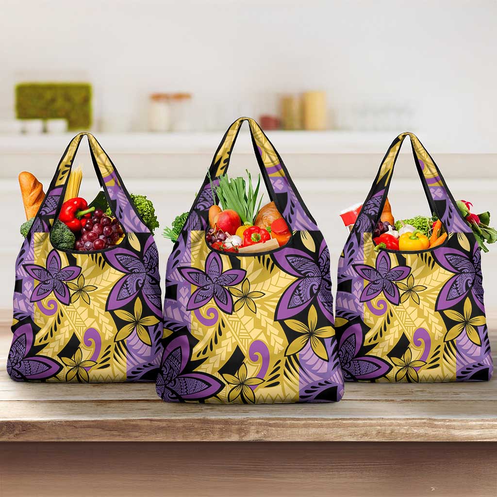 Plumeria Polynesian Pattern Grocery Bag Unique Fantasy Yellow Purple
