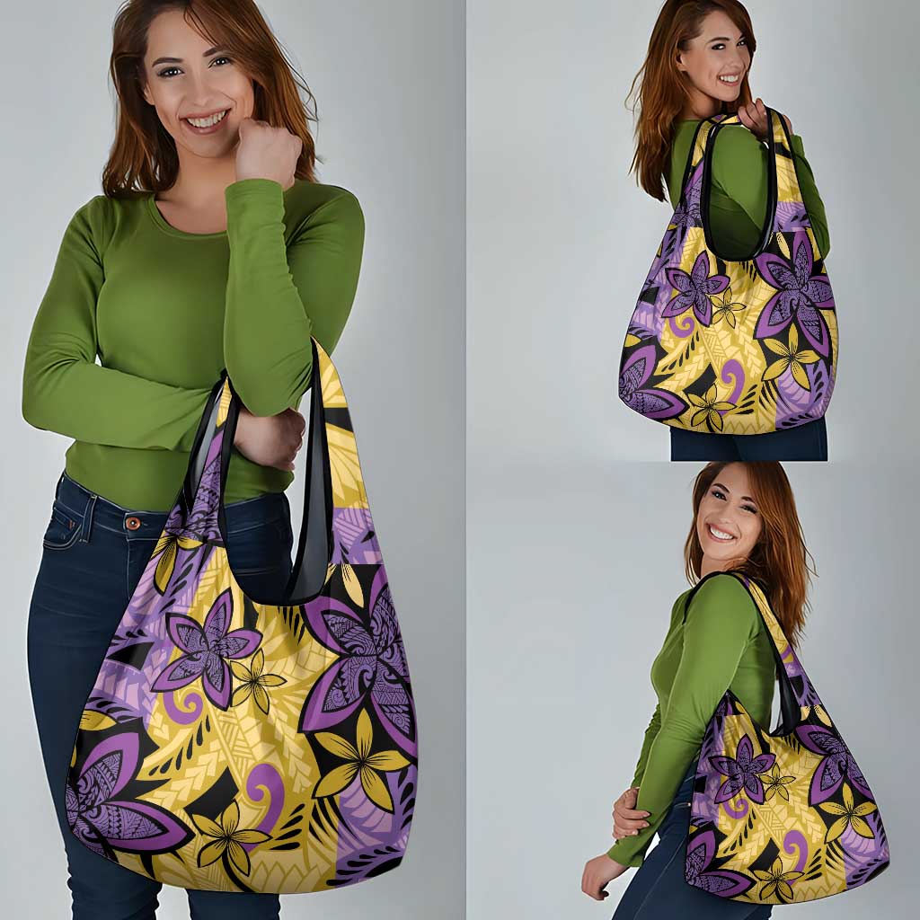Plumeria Polynesian Pattern Grocery Bag Unique Fantasy Yellow Purple