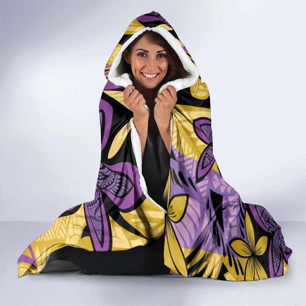 Plumeria Polynesian Pattern Hooded Blanket Unique Fantasy Yellow Purple