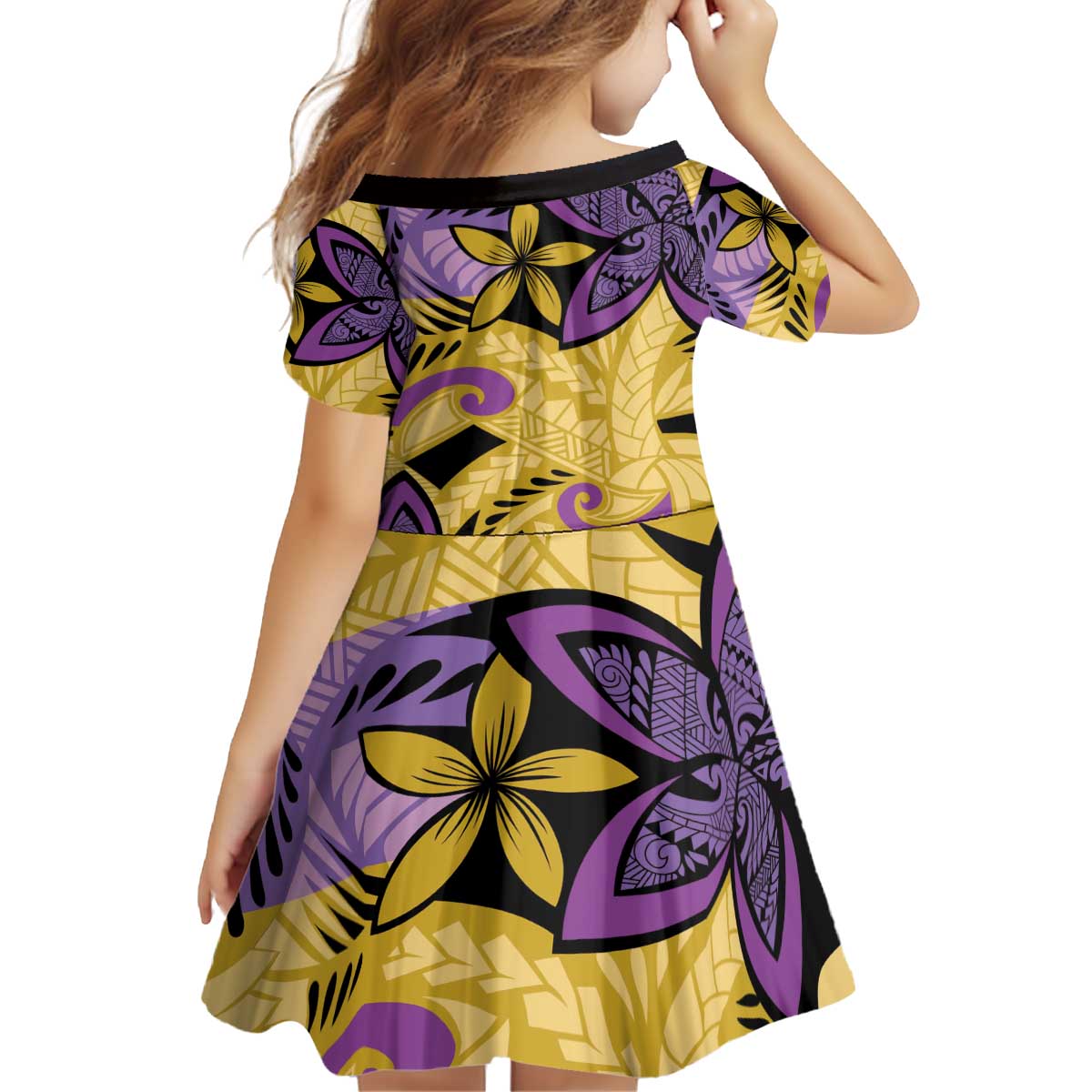 Plumeria Polynesian Pattern Kid Short Sleeve Dress Unique Fantasy Yellow Purple