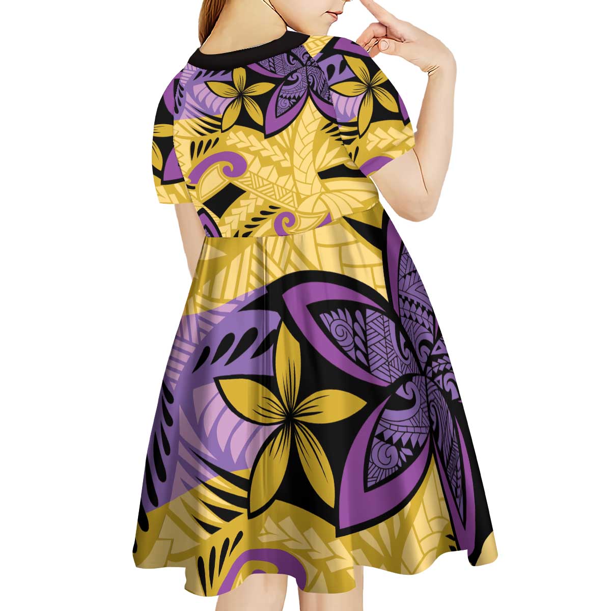 Plumeria Polynesian Pattern Kid Short Sleeve Dress Unique Fantasy Yellow Purple