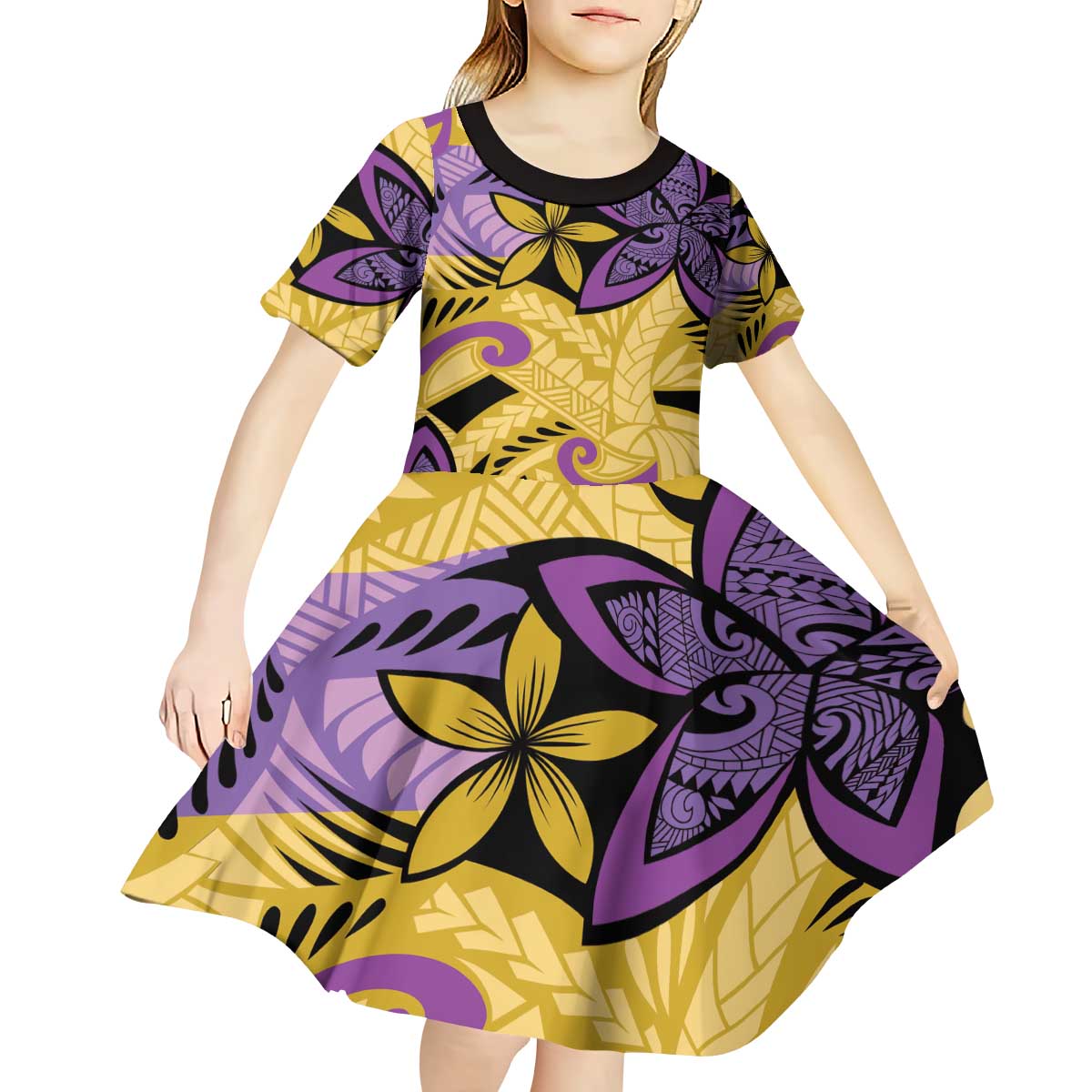 Plumeria Polynesian Pattern Kid Short Sleeve Dress Unique Fantasy Yellow Purple