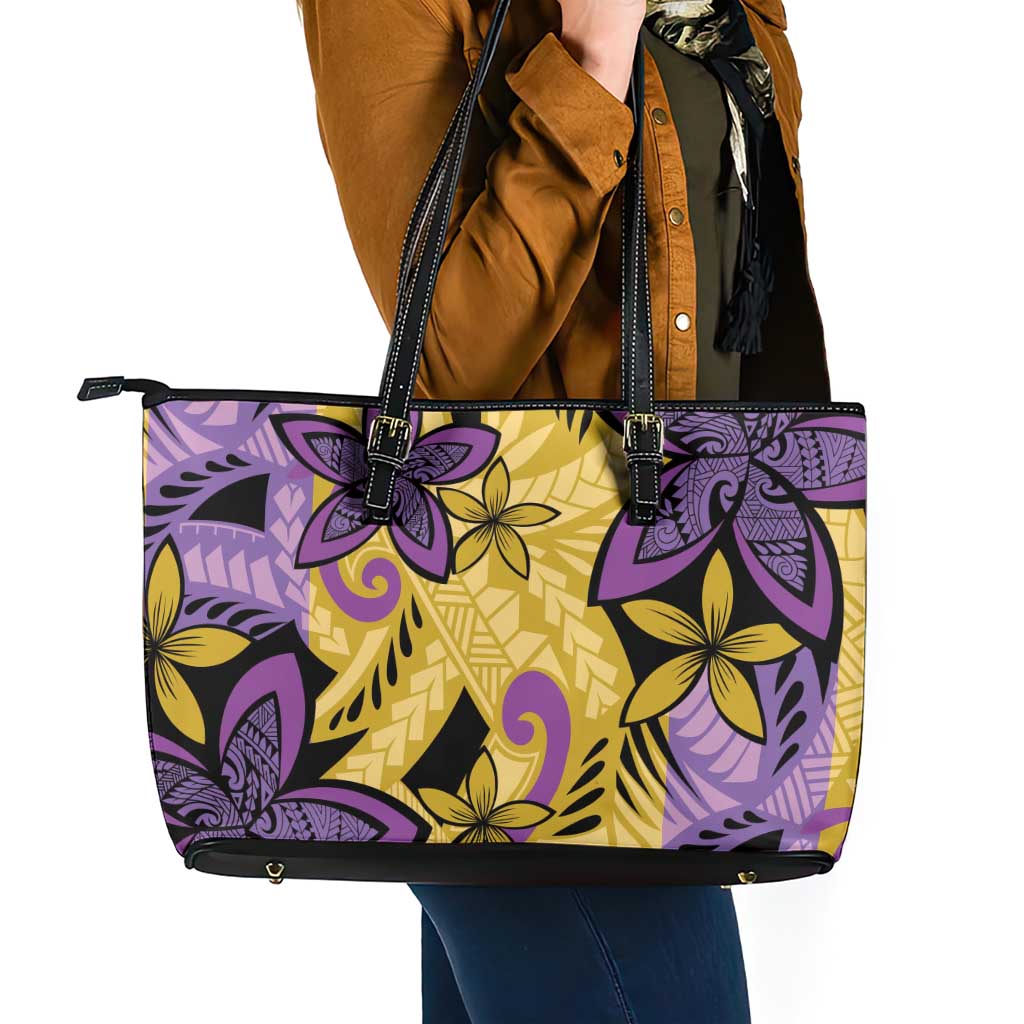 Plumeria Polynesian Pattern Leather Tote Bag Unique Fantasy Yellow Purple