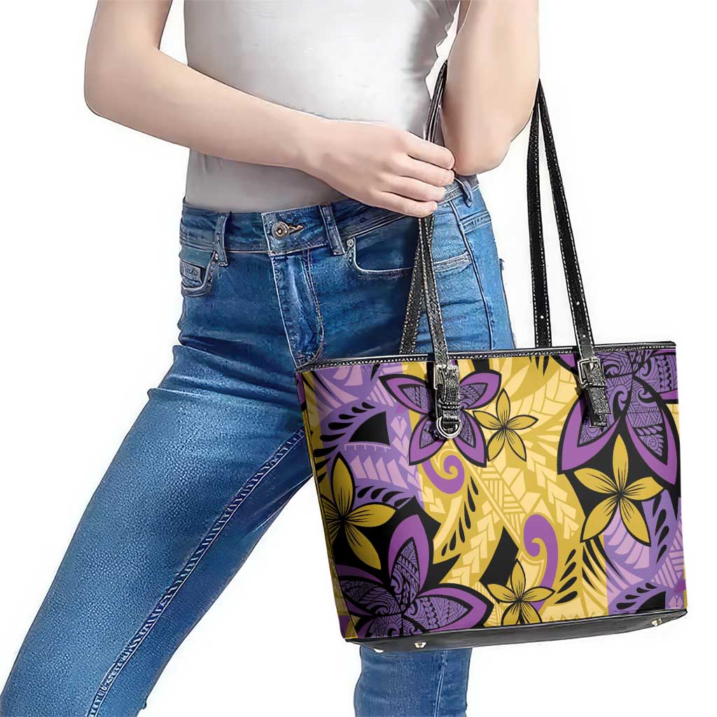 Plumeria Polynesian Pattern Leather Tote Bag Unique Fantasy Yellow Purple