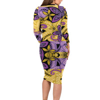 Plumeria Polynesian Pattern Long Sleeve Bodycon Dress Unique Fantasy Yellow Purple