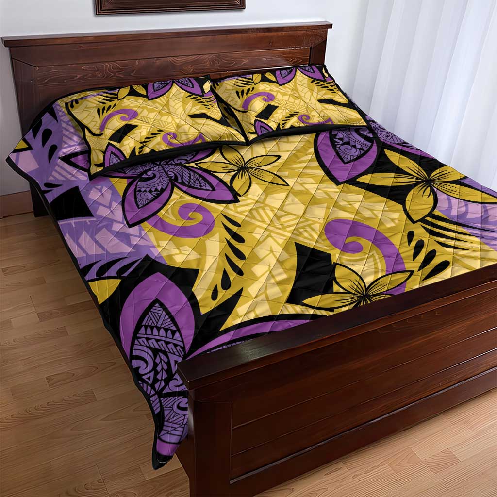 Plumeria Polynesian Pattern Quilt Bed Set Unique Fantasy Yellow Purple