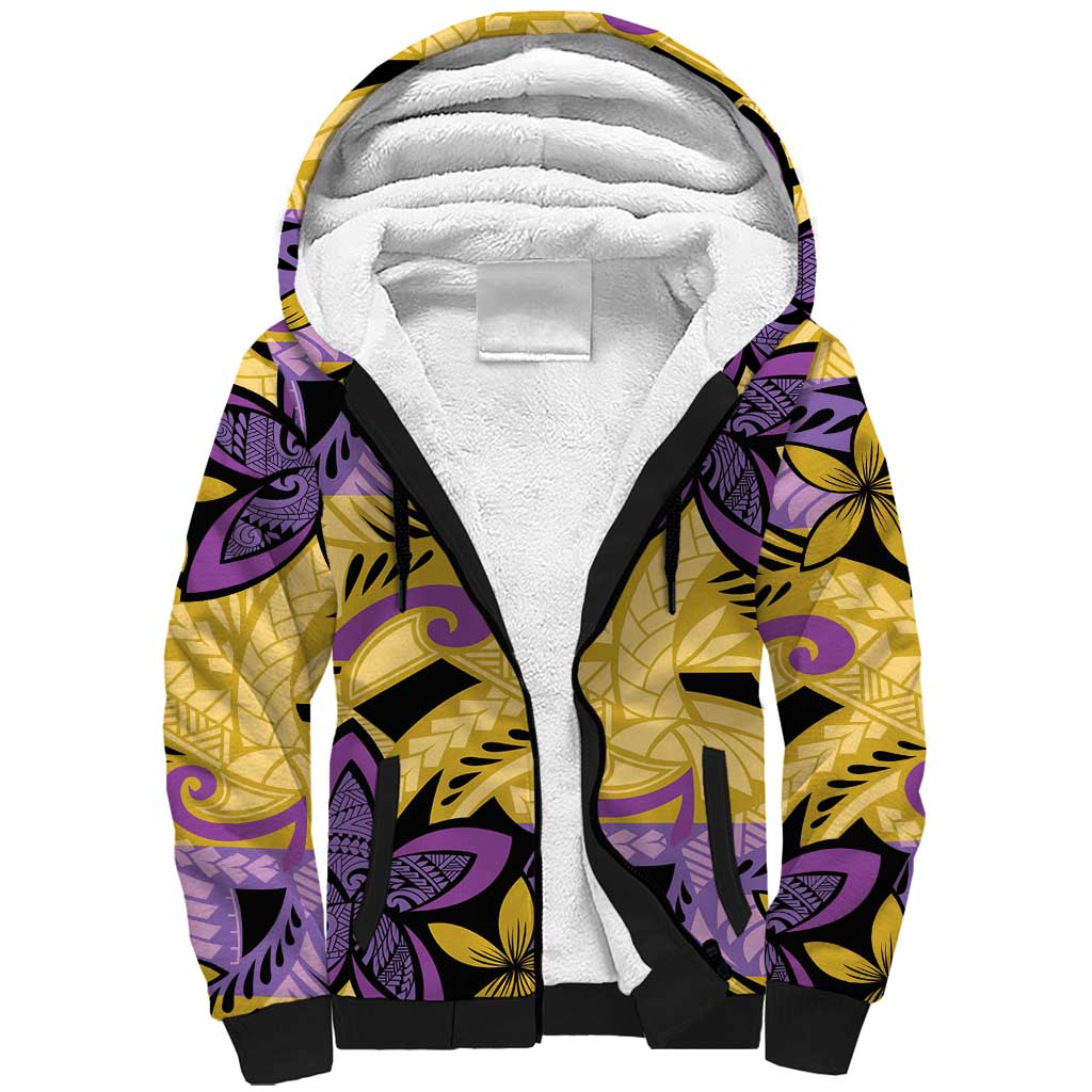 Plumeria Polynesian Pattern Sherpa Hoodie Unique Fantasy Yellow Purple
