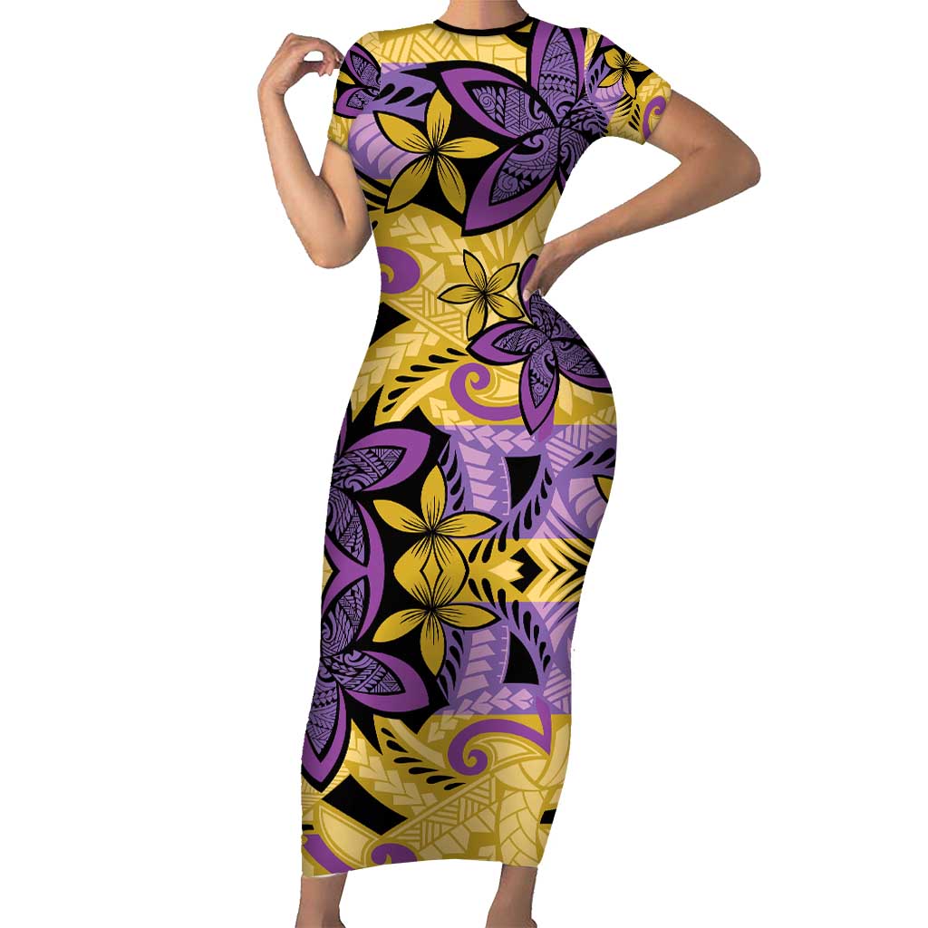 Plumeria Polynesian Pattern Short Sleeve Bodycon Dress Unique Fantasy Yellow Purple
