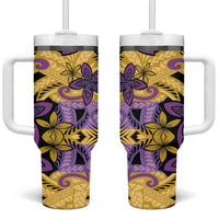 Plumeria Polynesian Pattern Tumbler With Handle Unique Fantasy Yellow Purple