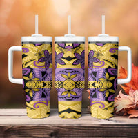 Plumeria Polynesian Pattern Tumbler With Handle Unique Fantasy Yellow Purple