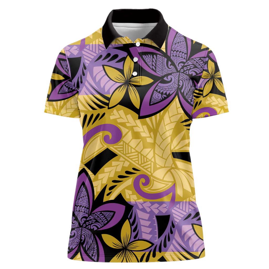Plumeria Polynesian Pattern Women Polo Shirt Unique Fantasy Yellow Purple