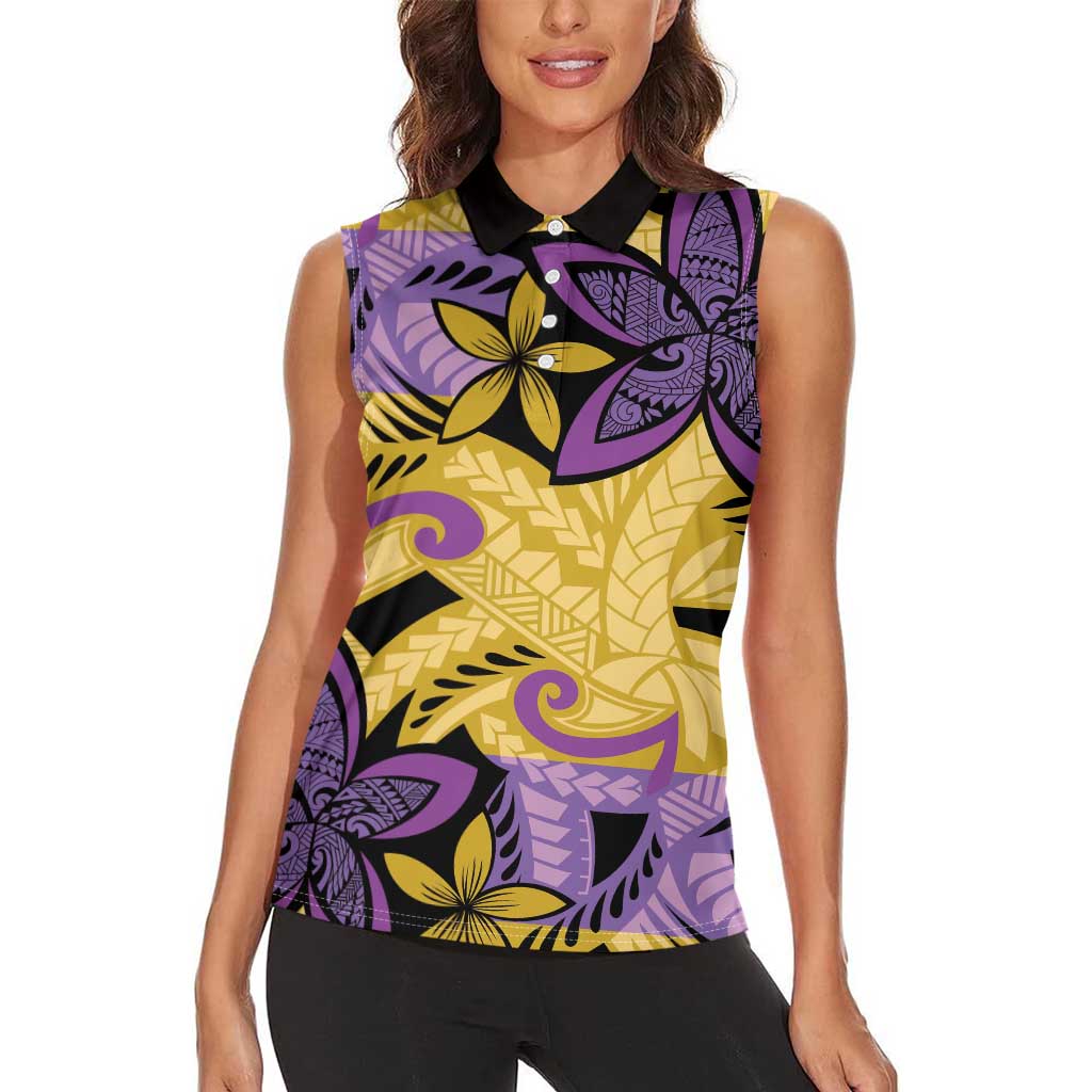 Plumeria Polynesian Pattern Women Sleeveless Polo Shirt Unique Fantasy Yellow Purple