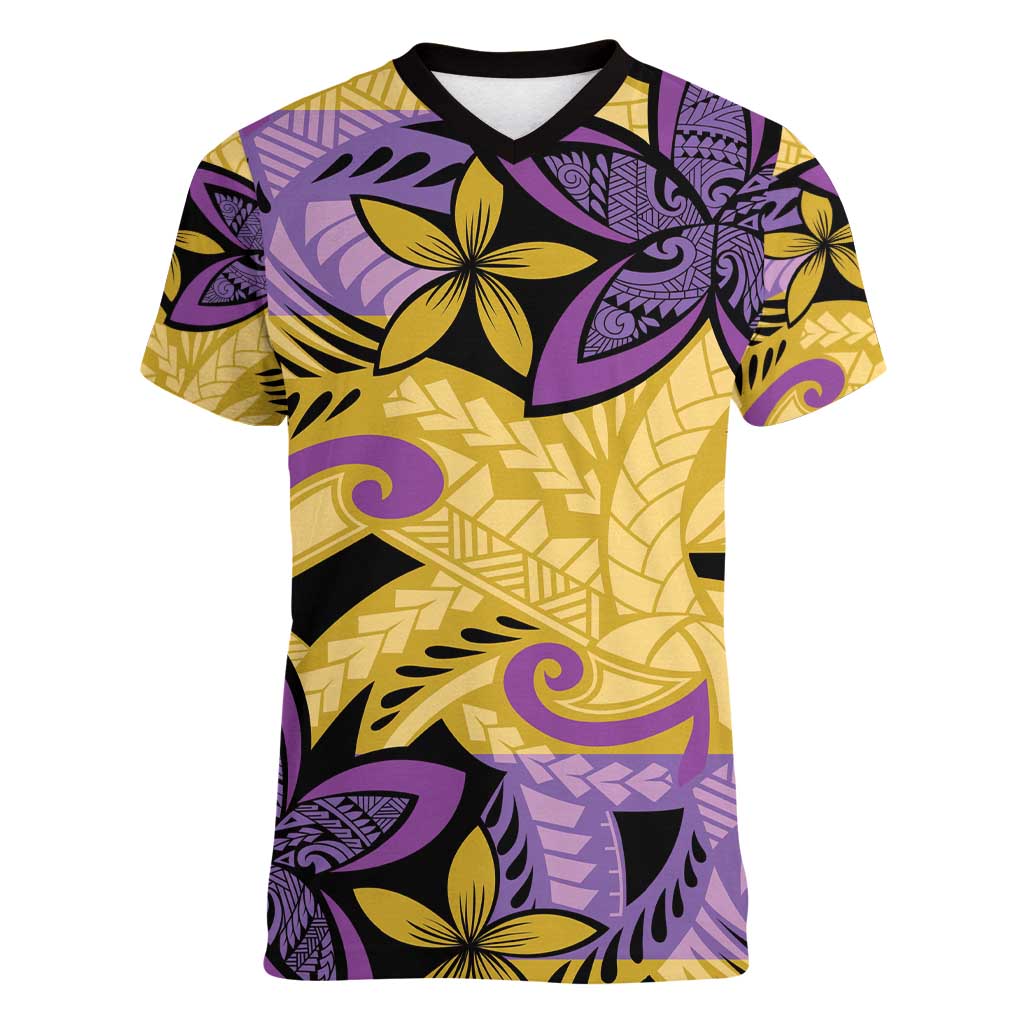Plumeria Polynesian Pattern Women V-Neck T-Shirt Unique Fantasy Yellow Purple LT01 Female Yellow - Polynesian Pride