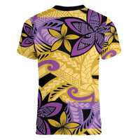Plumeria Polynesian Pattern Women V-Neck T-Shirt Unique Fantasy Yellow Purple