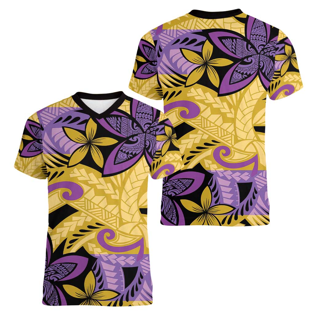 Plumeria Polynesian Pattern Women V-Neck T-Shirt Unique Fantasy Yellow Purple