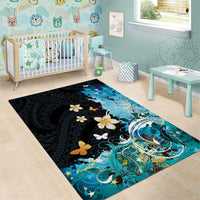 Blue Grunge Polynesian Pattern Area Rug Plumeria Floral