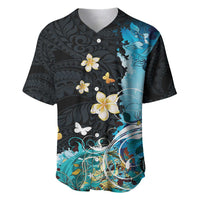Blue Grunge Polynesian Pattern Baseball Jersey Plumeria Floral
