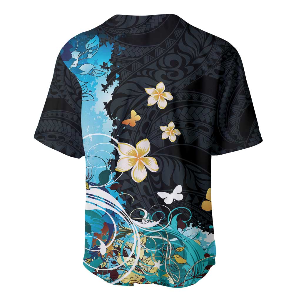 Blue Grunge Polynesian Pattern Baseball Jersey Plumeria Floral