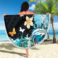 Blue Grunge Polynesian Pattern Beach Blanket Plumeria Floral