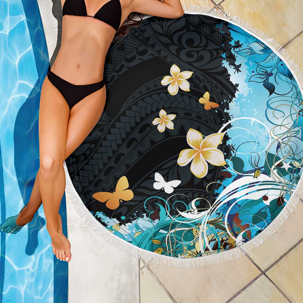 Blue Grunge Polynesian Pattern Beach Blanket Plumeria Floral