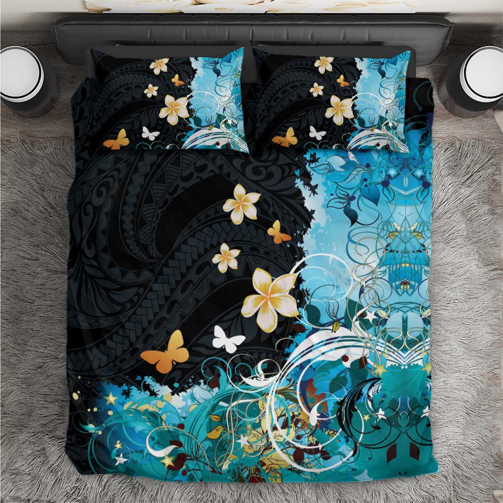 Blue Grunge Polynesian Pattern Bedding Set Plumeria Floral LT01 Blue - Polynesian Pride