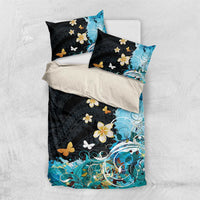 Blue Grunge Polynesian Pattern Bedding Set Plumeria Floral