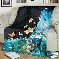 Blue Grunge Polynesian Pattern Blanket Plumeria Floral
