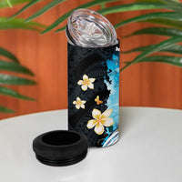 Blue Grunge Polynesian Pattern 4 in 1 Can Cooler Tumbler Plumeria Floral