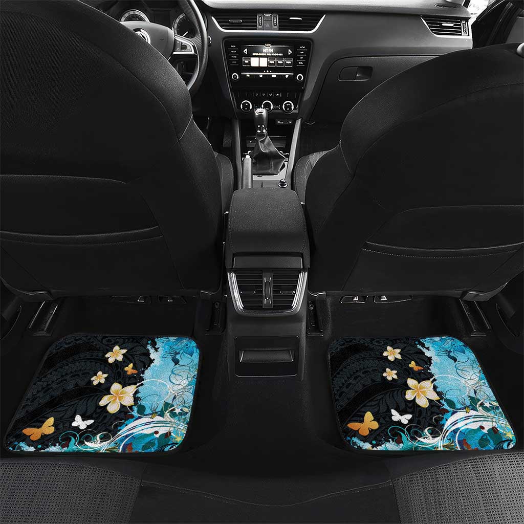 Blue Grunge Polynesian Pattern Car Mats Plumeria Floral