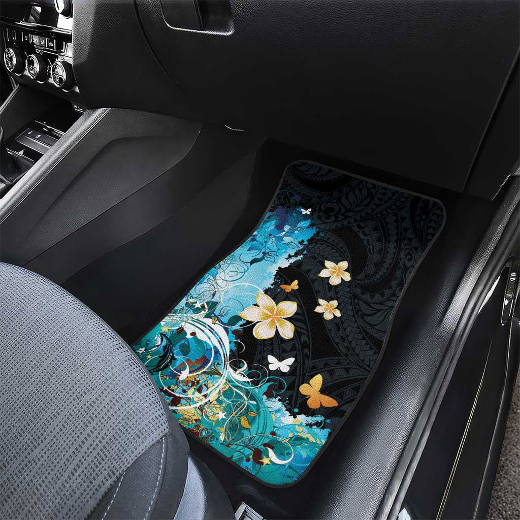 Blue Grunge Polynesian Pattern Car Mats Plumeria Floral