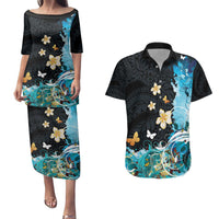 Blue Grunge Polynesian Pattern Couples Matching Puletasi and Hawaiian Shirt Plumeria Floral