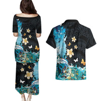 Blue Grunge Polynesian Pattern Couples Matching Puletasi and Hawaiian Shirt Plumeria Floral