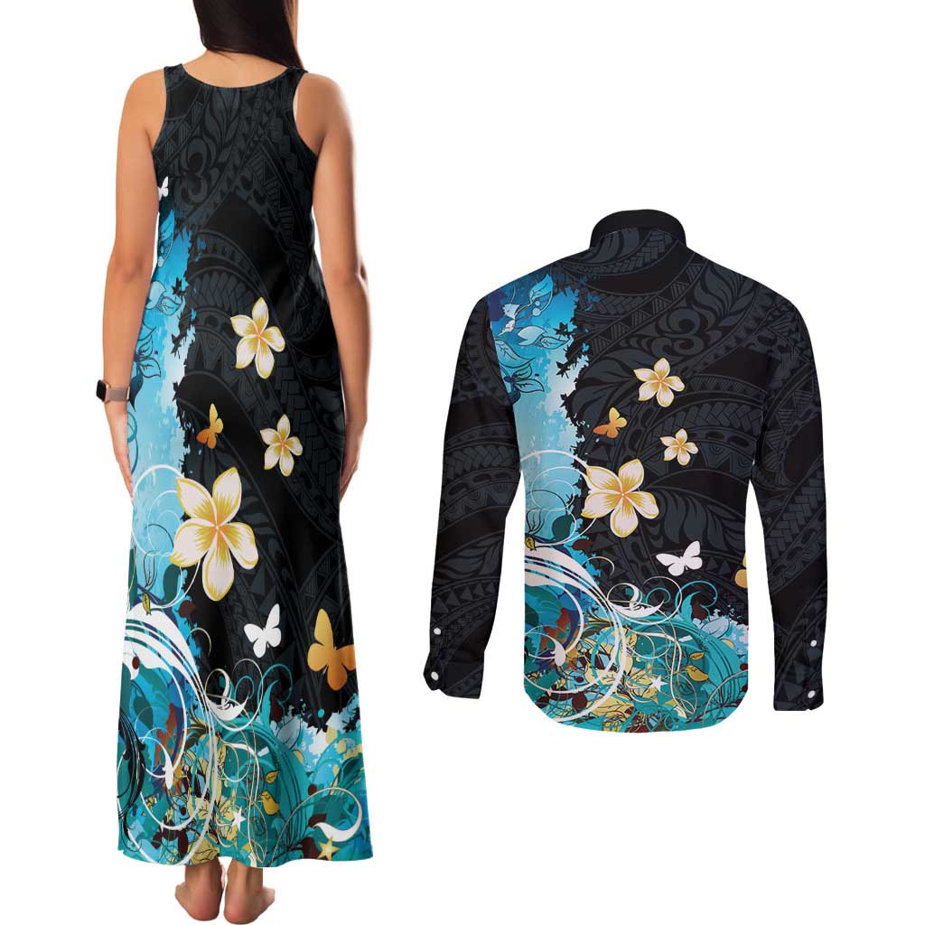 Blue Grunge Polynesian Pattern Couples Matching Tank Maxi Dress and Long Sleeve Button Shirt Plumeria Floral LT01 - Polynesian Pride