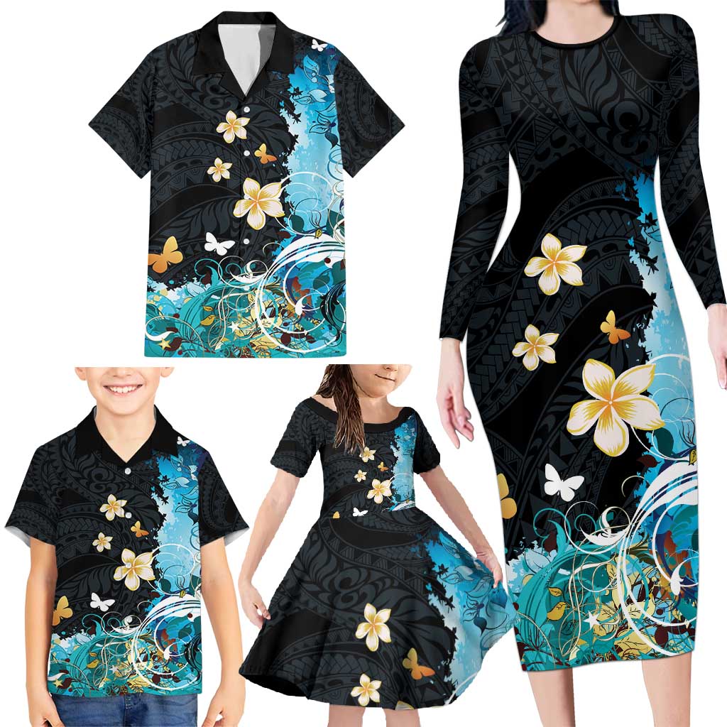 Blue Grunge Polynesian Pattern Family Matching Long Sleeve Bodycon Dress and Hawaiian Shirt Plumeria Floral
