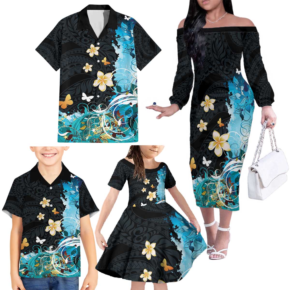 Blue Grunge Polynesian Pattern Family Matching Off The Shoulder Long Sleeve Dress and Hawaiian Shirt Plumeria Floral