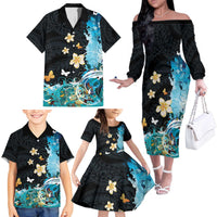 Blue Grunge Polynesian Pattern Family Matching Off The Shoulder Long Sleeve Dress and Hawaiian Shirt Plumeria Floral