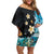Blue Grunge Polynesian Pattern Family Matching Off Shoulder Short Dress and Hawaiian Shirt Plumeria Floral