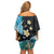 Blue Grunge Polynesian Pattern Family Matching Off Shoulder Short Dress and Hawaiian Shirt Plumeria Floral