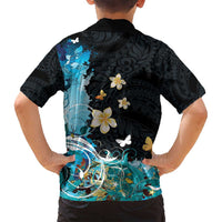 Blue Grunge Polynesian Pattern Family Matching Puletasi and Hawaiian Shirt Plumeria Floral