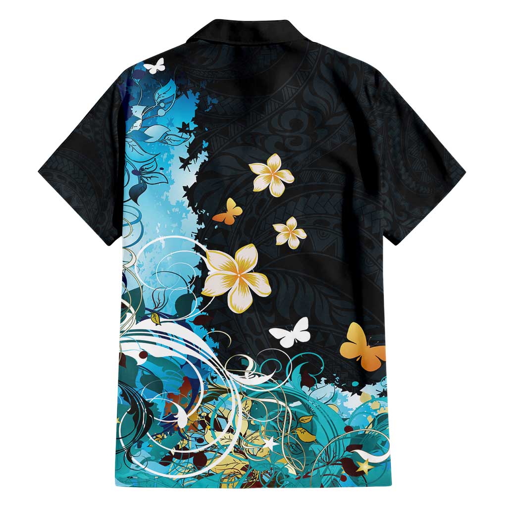Blue Grunge Polynesian Pattern Family Matching Puletasi and Hawaiian Shirt Plumeria Floral