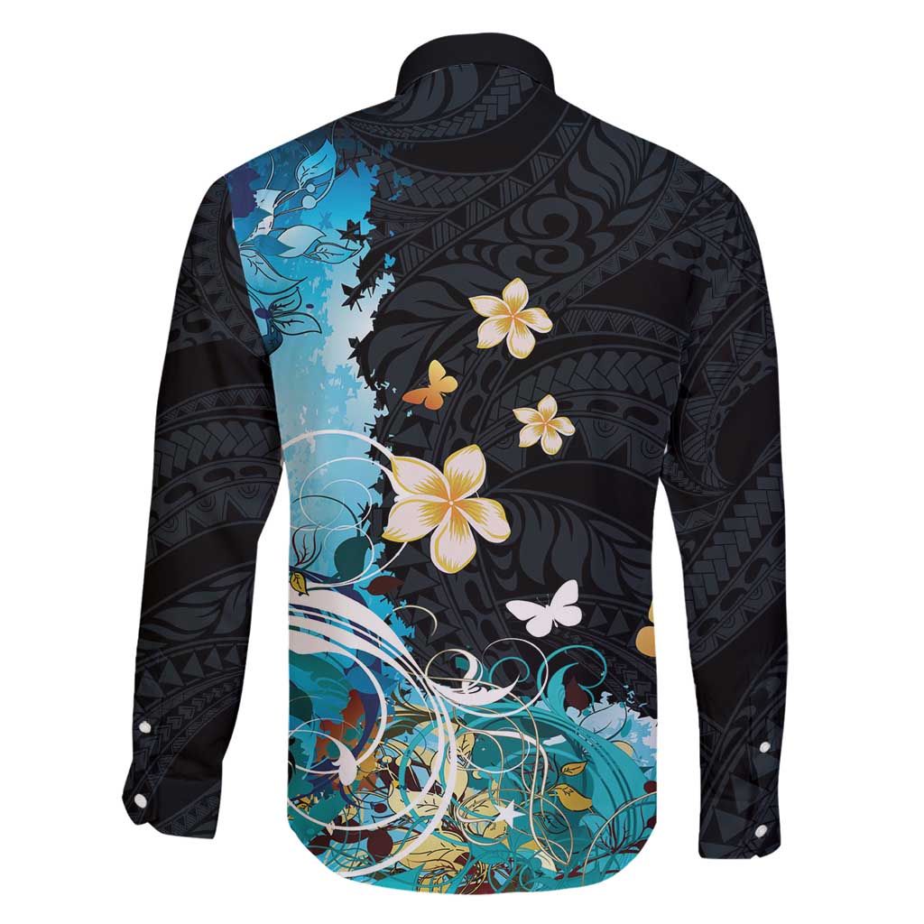 Blue Grunge Polynesian Pattern Family Matching Puletasi and Hawaiian Shirt Plumeria Floral