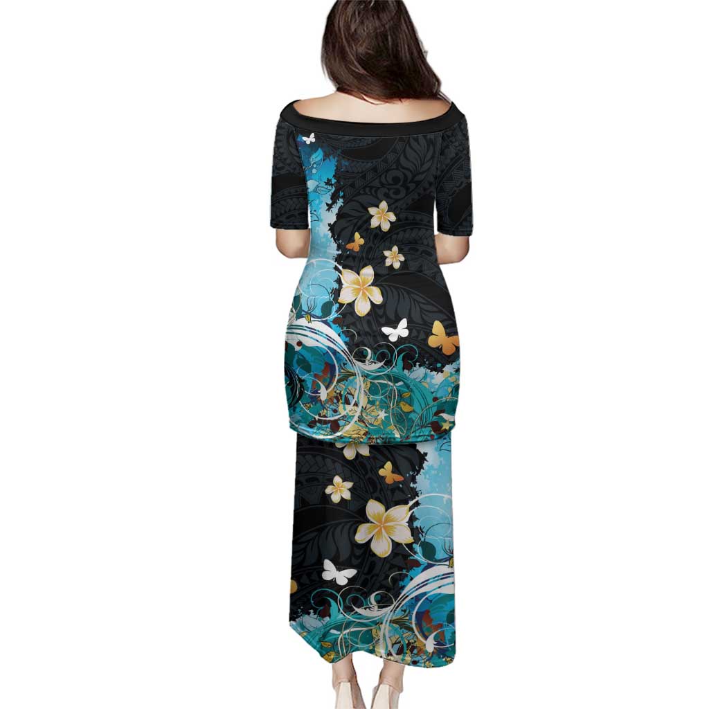 Blue Grunge Polynesian Pattern Family Matching Puletasi and Hawaiian Shirt Plumeria Floral