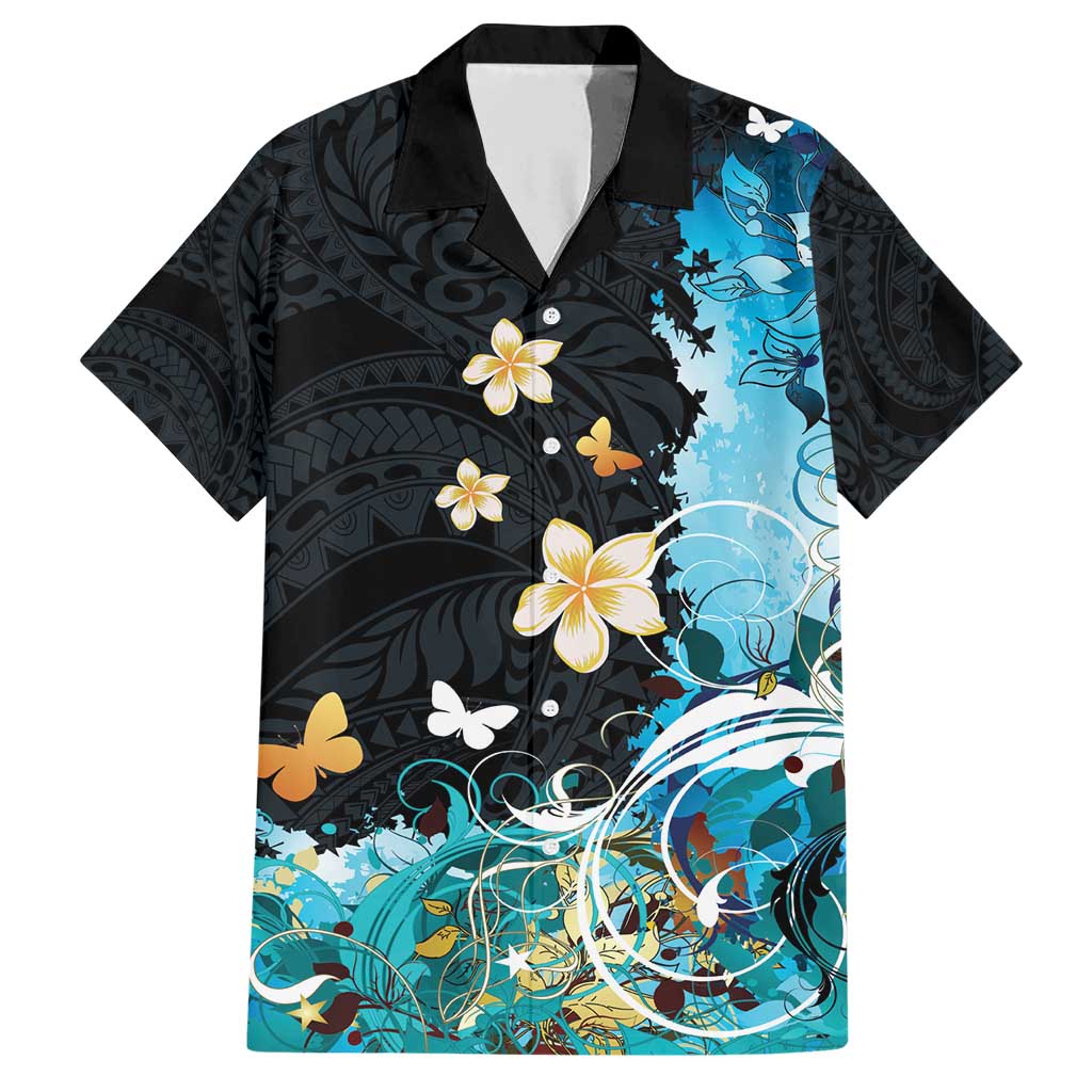 Blue Grunge Polynesian Pattern Family Matching Short Sleeve Bodycon Dress and Hawaiian Shirt Plumeria Floral LT01 Dad's Shirt - Short Sleeve Blue - Polynesian Pride