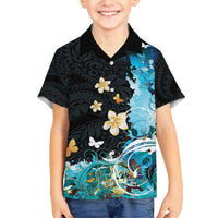 Blue Grunge Polynesian Pattern Family Matching Short Sleeve Bodycon Dress and Hawaiian Shirt Plumeria Floral LT01 Son's Shirt Blue - Polynesian Pride