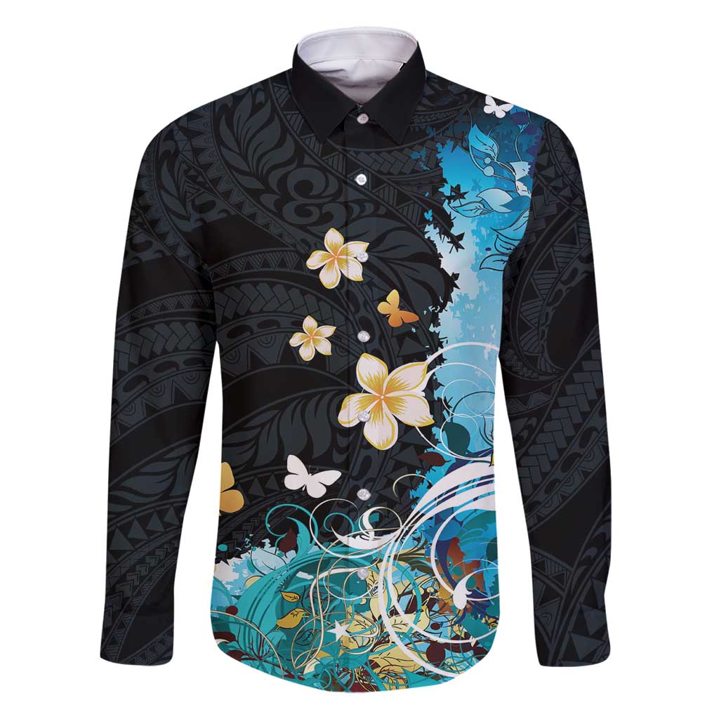 Blue Grunge Polynesian Pattern Family Matching Summer Maxi Dress and Hawaiian Shirt Plumeria Floral LT01 Dad's Shirt - Long Sleeve Blue - Polynesian Pride