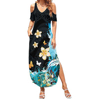 Blue Grunge Polynesian Pattern Family Matching Summer Maxi Dress and Hawaiian Shirt Plumeria Floral LT01 Mom's Dress Blue - Polynesian Pride
