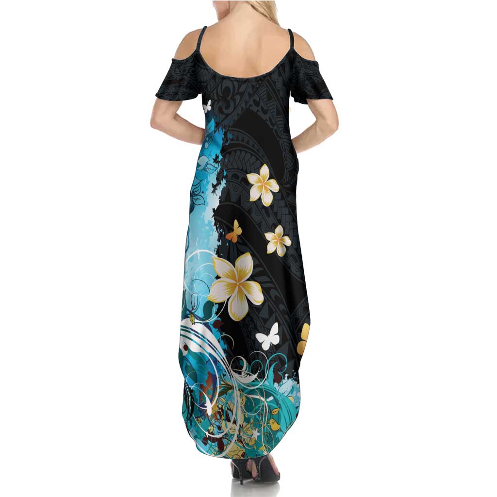 Blue Grunge Polynesian Pattern Family Matching Summer Maxi Dress and Hawaiian Shirt Plumeria Floral LT01 - Polynesian Pride